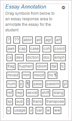 Image depicting the list of symbols available from the Essay Annotation palette.
